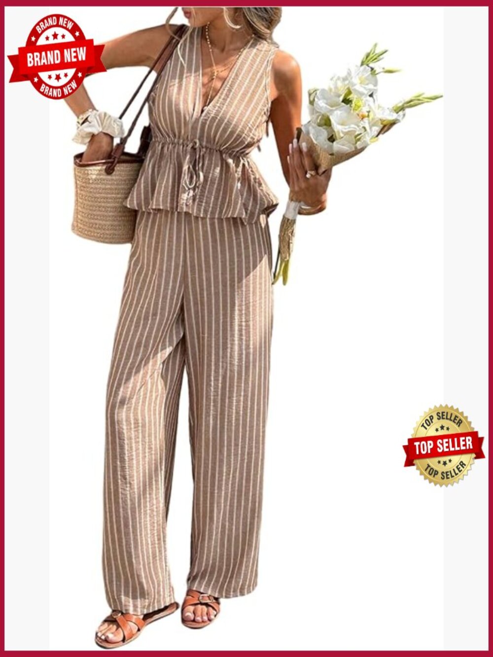 2 Piece Outfit Striped V Neck Peplum Tank Top with Pants Sets Summer